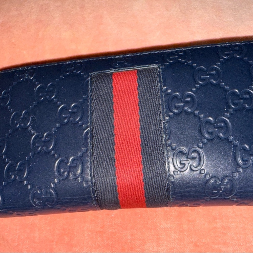 Gucci Guccissima Navy Blue Wallet with Red Stripe